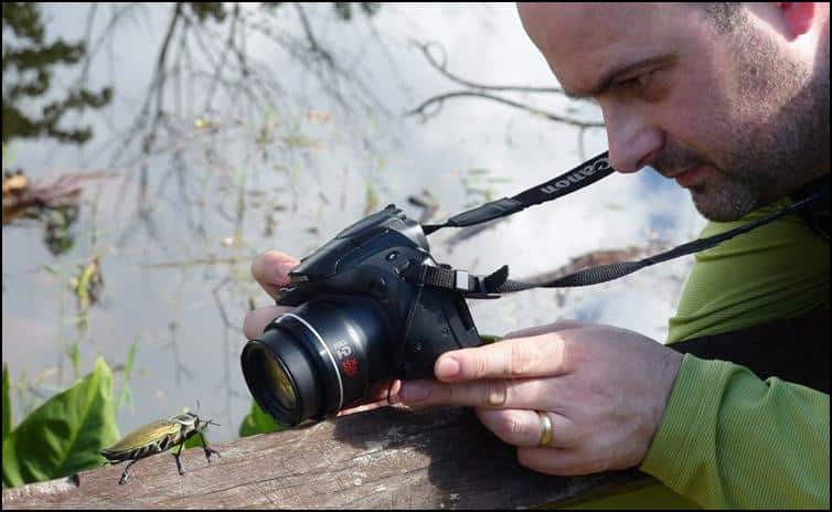 Jonathan taking a photo of Ceiba borer beetle